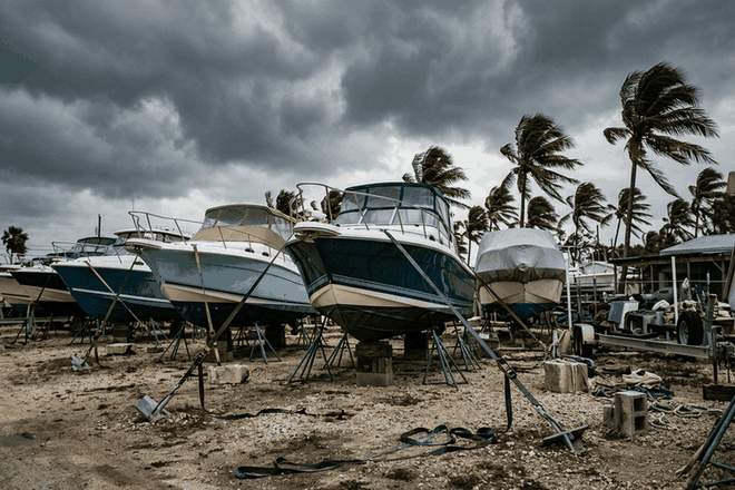 Boats hauled out and strapped down in a Florida boatyard before a hurricane