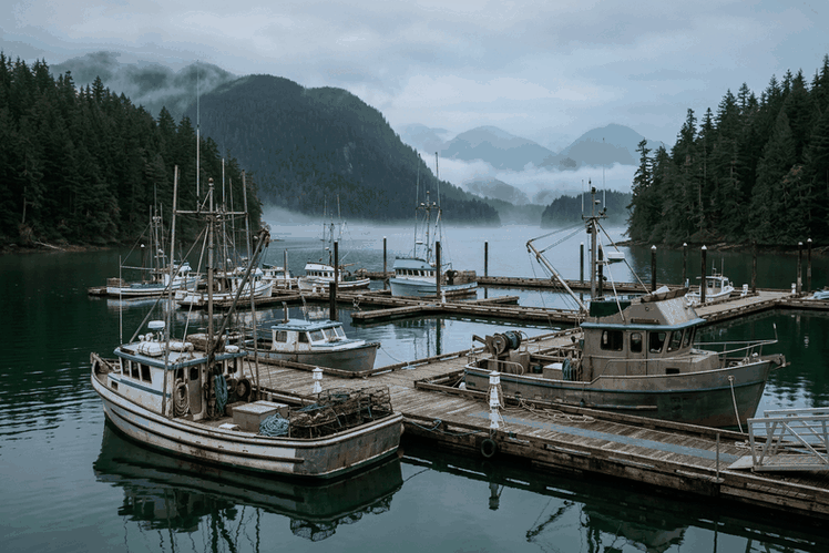 Fishing boats and a trawler yacht at a Pacific Northwest marina below evergreen hills, as kept by many Alaska boat owners