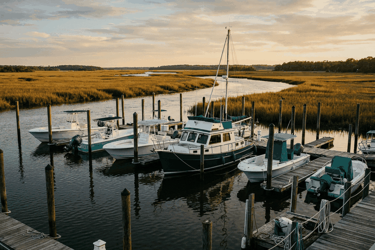 Center console boats and a cruiser in slips at a salt marsh marina on the Atlantic coast, as kept by many Georgia boat owners