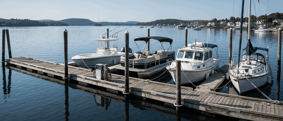 Center console, pontoon, cruiser and sailboat tied along a marina fuel dock, the boats boat insurance companies compete to cover