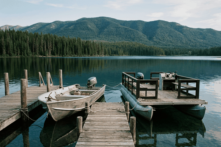 Aluminum fishing boat and a pontoon at a wooden dock on a mountain lake, as kept by many Colorado boat owners