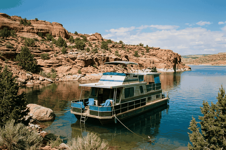 Houseboat moored in a quiet lake cove