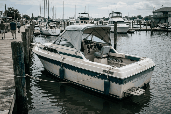 Older cuddy cabin powerboat tied at a public dock