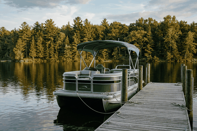 Pontoon boat tied to a lake dock, the kind of boat pontoon boat insurance covers